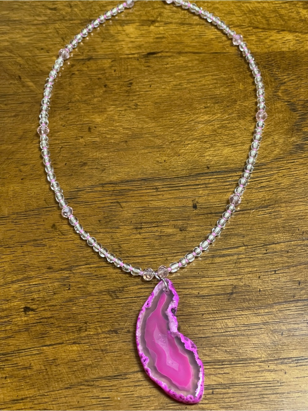 Pink Agate Slice Pendant Beaded Necklace - Unbranded